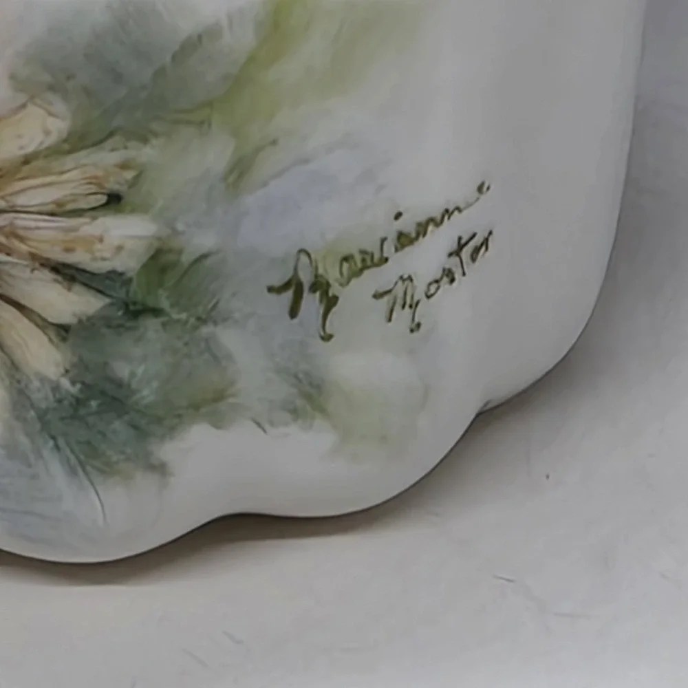 Two Porcelain Trinket Dishes Dish Handpainted Leaf And Basket Signed '86-87